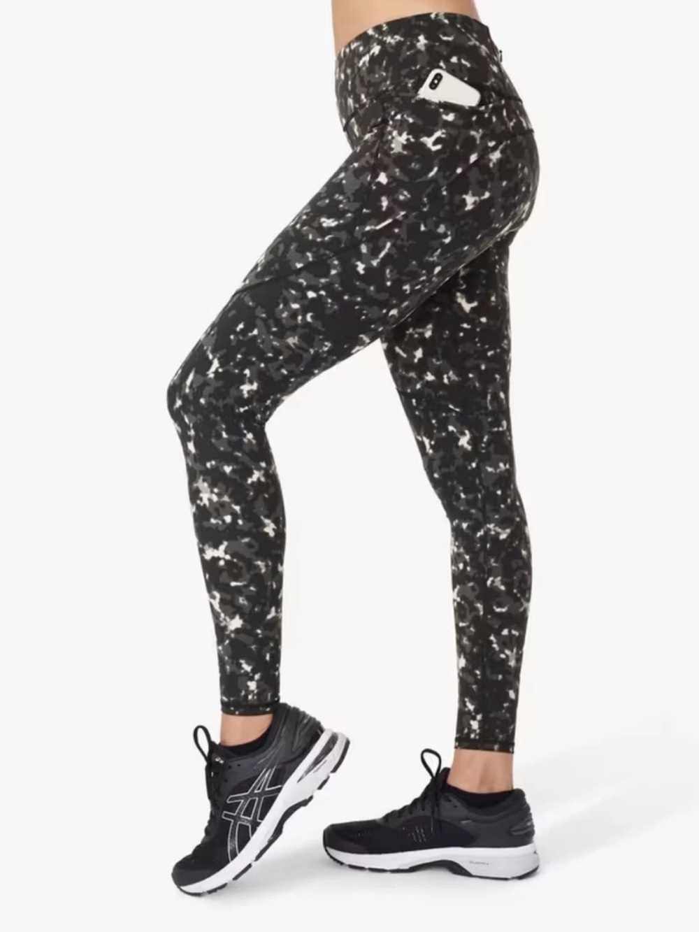 Sweaty Betty S High-Waist Black Marble Print Leggings with Phone Pocket